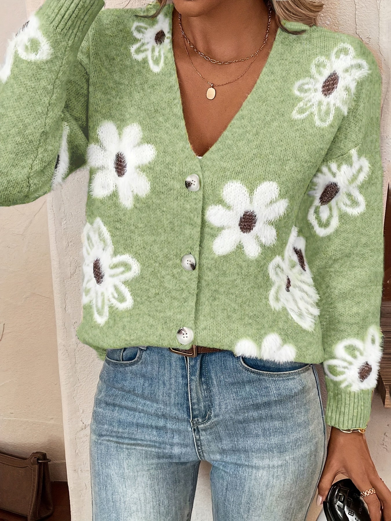 Nina Strikket Cardigan med Blomstermønster