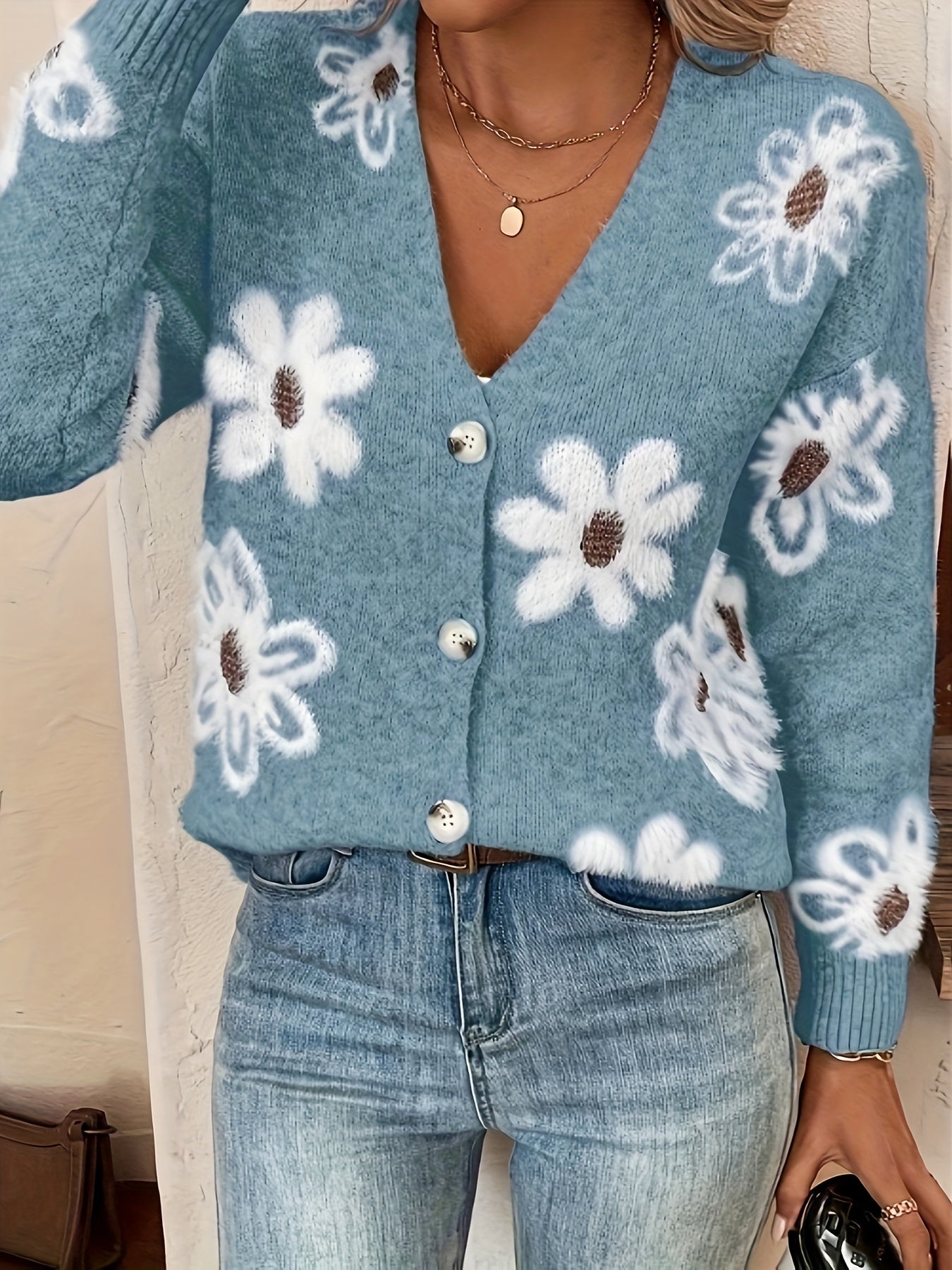 Nina Strikket Cardigan med Blomstermønster