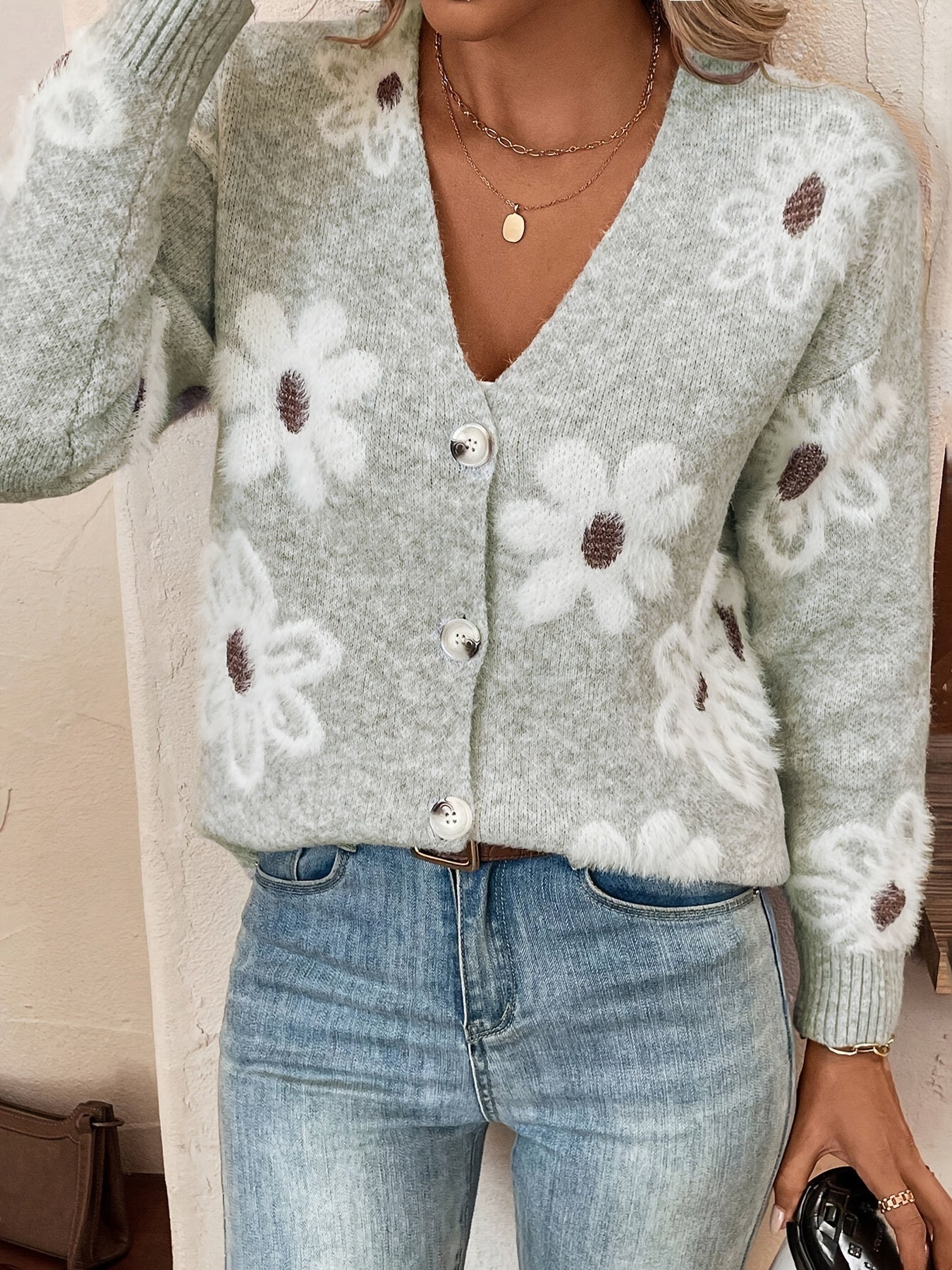 Nina Strikket Cardigan med Blomstermønster